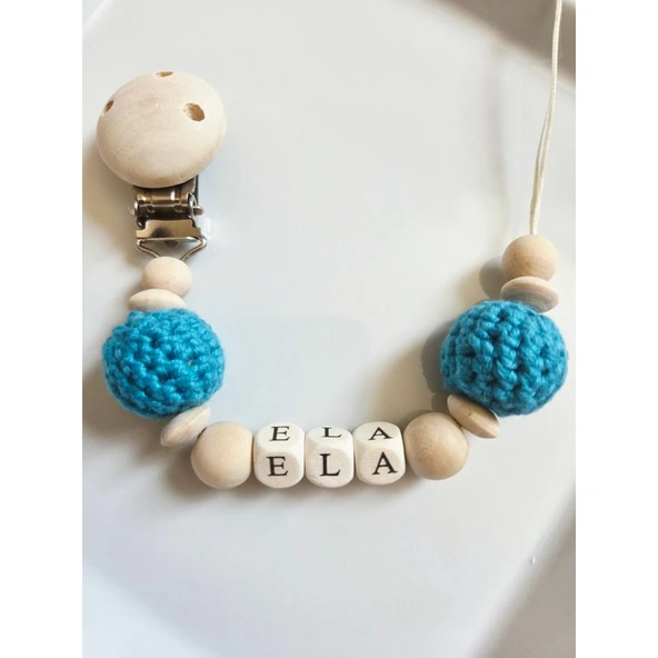 Mavi Renk Isimli Bebek Emzik Askısı Doğal Ahşap Boncuk ürün görseli 1