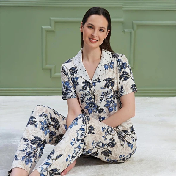 Over Sleep 1322 Kadın Kısa Kol Önden Düğme Pijama Takım ürün görseli 1