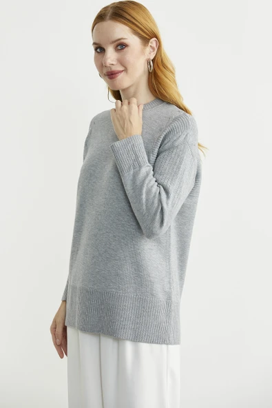 Kol Detaylı Sıfır Yaka Tunik Triko Kazak - Gri - Resim 3