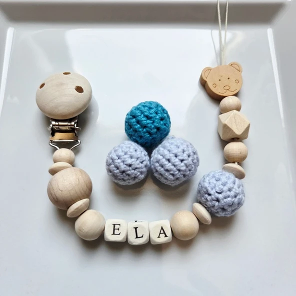 Hellemyst Ayıcıklı Mavi Isimli Bebek Emzik Zinciri Askısı ürün görseli 1