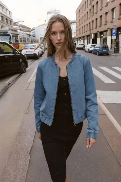 Kadın Açık Mavi Bomber Denim Ceket ürün görseli 1