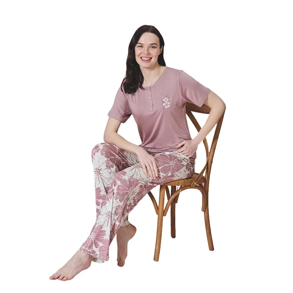 Over Sleep 1838 Kadın Uzun Kol Viskon Büyük Beden Pijama Takım ürün görseli 1