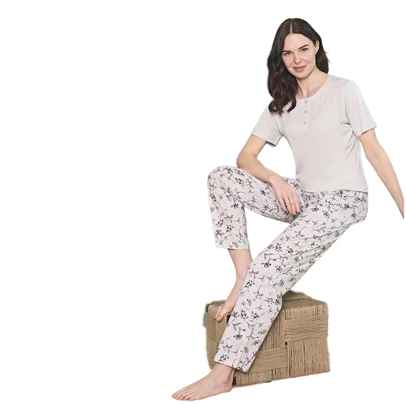 Over Sleep 1820 Kadın Kısa Kol Uzun Alt Yazlık Modal Pijama Takım ürün görseli 1