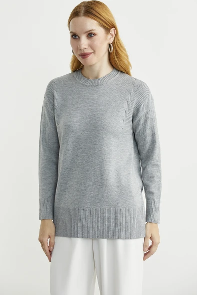 Kol Detaylı Sıfır Yaka Tunik Triko Kazak - Gri - Resim 2