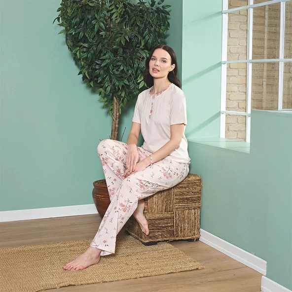 Over Sleep 1816 Kadın Kısa Kol Uzun Alt Yazlık Pijama Takım ürün görseli 1