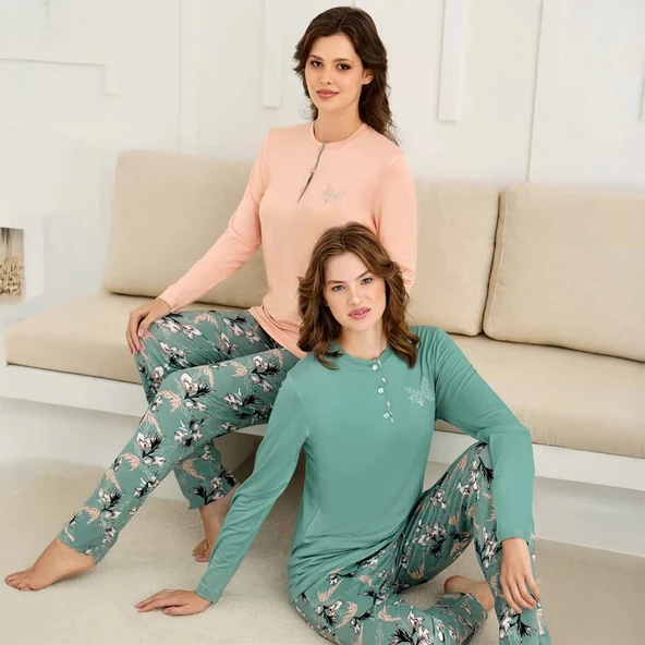 Rozalinda 3923 Kadın Kışlık Ön Üç Düğmeli O-Yaka Büyük Beden Pijama Takım - Resim 3