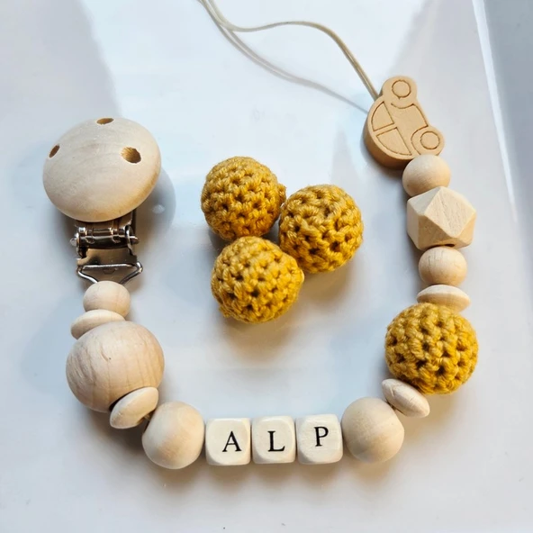 Hellemyst Arabalı Hardal Sarısı Isimli Bebek Emzik Zinciri Askısı ürün görseli 1