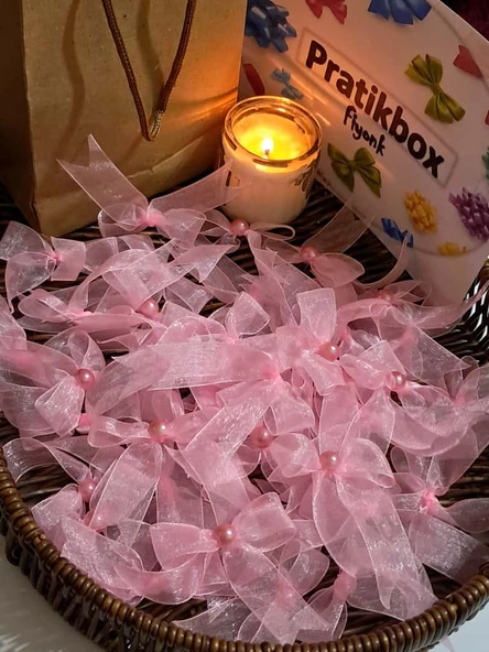 Pratikbox Fiyonk / Tül 2cm'lik / Hediyelik / Süsleme / Pembe Renk/Yarım İnci Boncuklu / 50 Adet ürün görseli 1