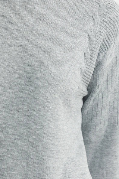 Kol Detaylı Sıfır Yaka Tunik Triko Kazak - Gri - Resim 4