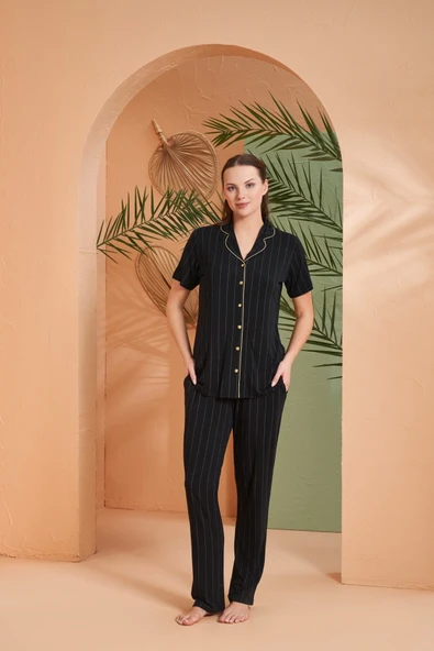 Pjs 27042 Kadın Kısa Kol Çizgili Önü Düğmeli Pijama Takımı ürün görseli 1