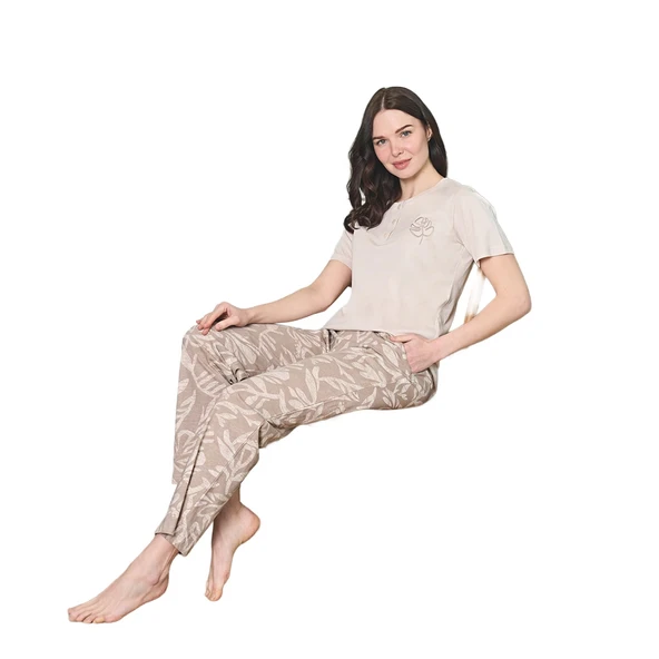 Over Sleep 1818 Kadın Kısa Kol Uzun Alt Yazlık Modal Pijama Takım ürün görseli 1