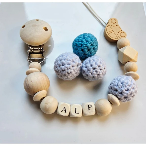 Hellemyst Arabalı Mavi Isimli Bebek Emzik Zinciri Askısı ürün görseli 1