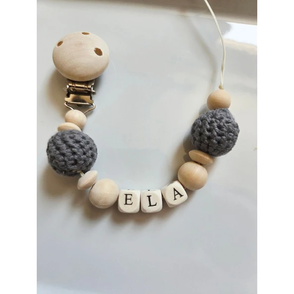Gri Renk Isimli Bebek Emzik Askısı Doğal Ahşap Boncuk ürün görseli 1