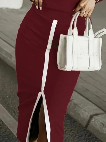 MDB Kadın Uzun Kollu Bisiklet Yaka Kaşkorse Bluz Ve Yırtmaçlı Etek Ikili Takım - Resim 3