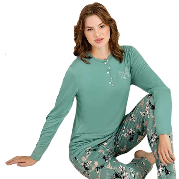 Rozalinda 3923 Kadın Kışlık Ön Üç Düğmeli O-Yaka Büyük Beden Pijama Takım ürün görseli 1