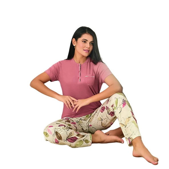 Rozalinda 3530 Kadın Yazlık Kısa Kol Uzun Alt Büyük Beden Pijama Takım - Resim 2