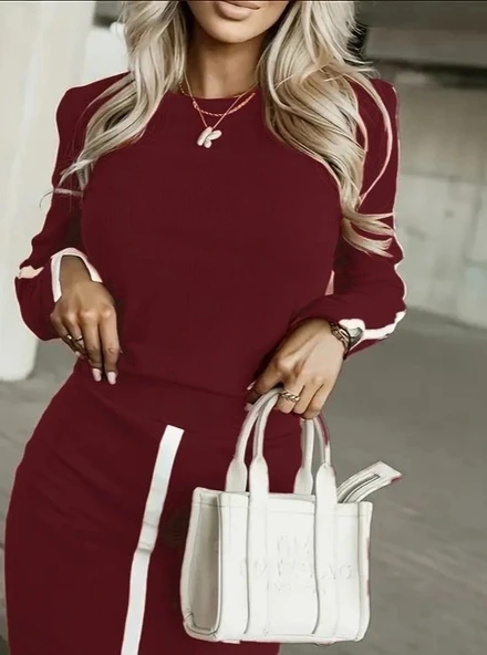 MDB Kadın Uzun Kollu Bisiklet Yaka Kaşkorse Bluz Ve Yırtmaçlı Etek Ikili Takım - Resim 2