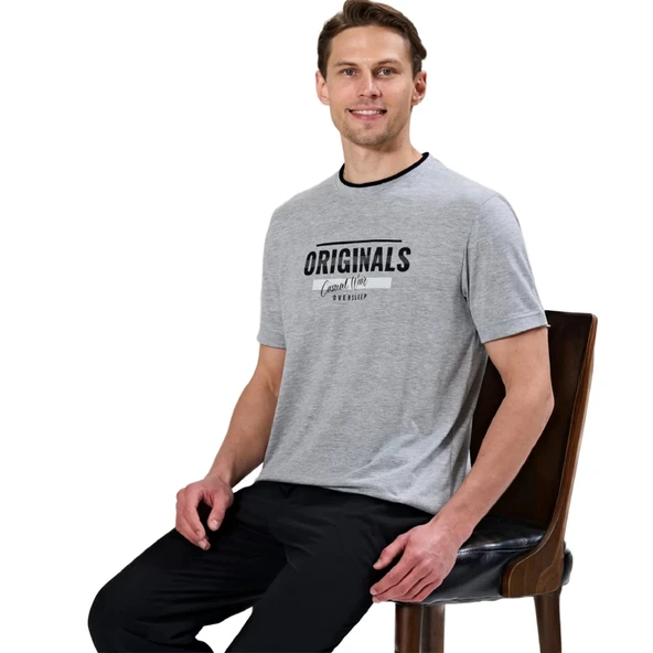 Over Sleep 1740 Erkek Kısa Kol Uzun Alt Yazlık Pijama Takım ürün görseli 1