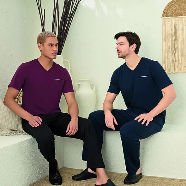 Elitepoint 1514 Erkek Kısa Kol Uzun Alt Yazlık Pijama Takımı - Resim 5