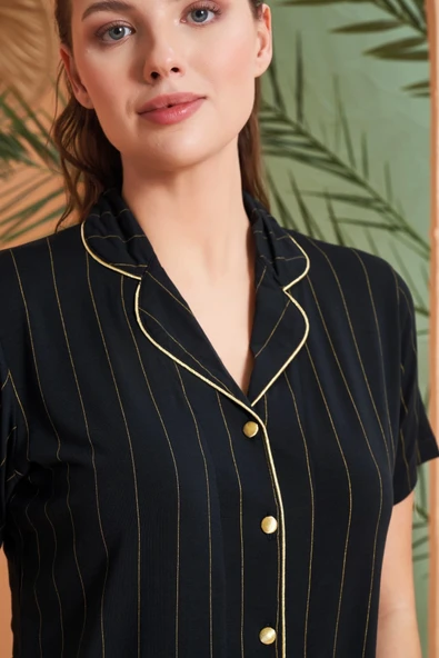 Pjs 27042 Kadın Kısa Kol Çizgili Önü Düğmeli Pijama Takımı - Resim 2