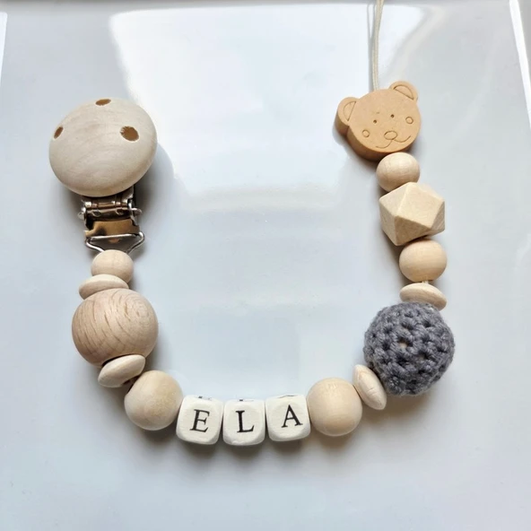 Hellemyst Ayıcıklı Gri Isimli Bebek Emzik Zinciri Askısı ürün görseli 1