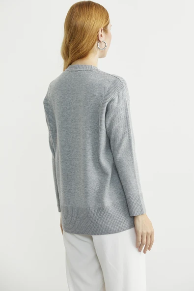 Kol Detaylı Sıfır Yaka Tunik Triko Kazak - Gri - Resim 5