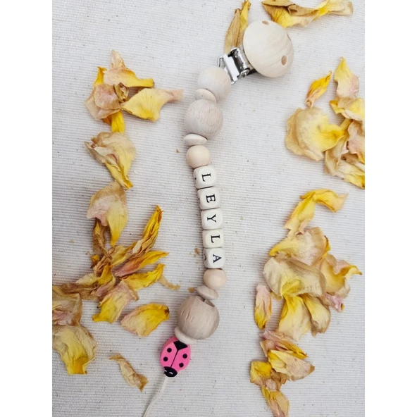 Pembe Uğurböcekli Isimli Bebek Emzik Zinciri Askısı ürün görseli 1