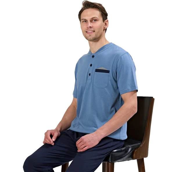 Over Sleep 1720 Erkek Kısa Kol Uzun Alt Yazlık Pijama Takım ürün görseli