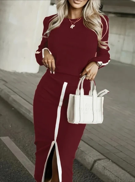 MDB Kadın Uzun Kollu Bisiklet Yaka Kaşkorse Bluz Ve Yırtmaçlı Etek Ikili Takım ürün görseli 1