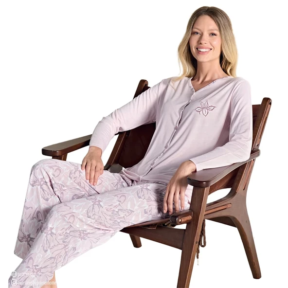 Over Sleep 3114 Kadın Melisa Büyük Beden Ön Üç Düğme Kışlık Pijama Takımı ürün görseli 1