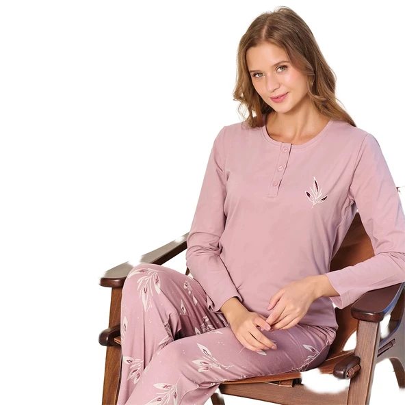 Over Sleep 3138 Kadın Kışlık Likralı Süprem Büyük Beden Önü Üç Düğmeli Pijama Takımı ürün görseli 1