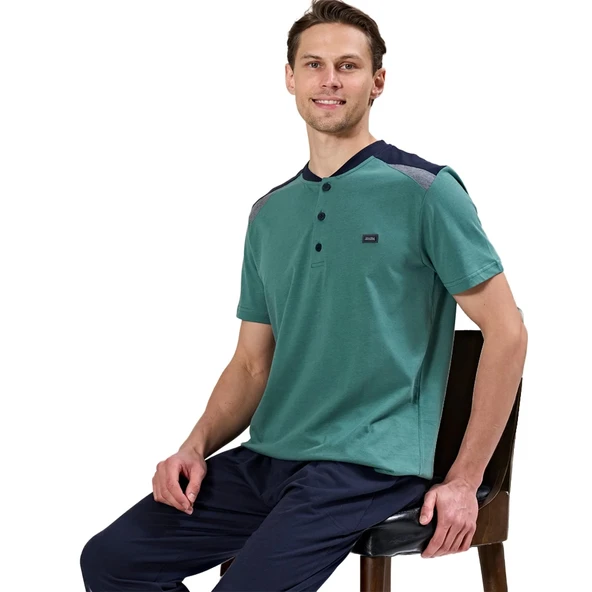 Over Sleep 1723 Erkek Kısa Kol Uzun Alt Yazlık Pijama Takım ürün görseli 1