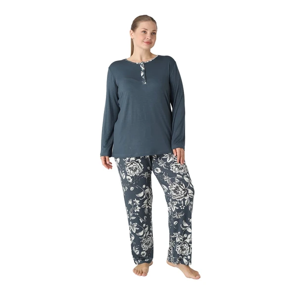 Confeo 840-912 Kadın Battal Viskon Patlı Uzunkol Pijama Takım ürün görseli 1