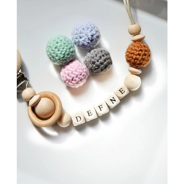 Hellemyst Halkalı İsimli Bebek Emzik Zinciri Askısı Doğal Ahşap ürün görseli 1