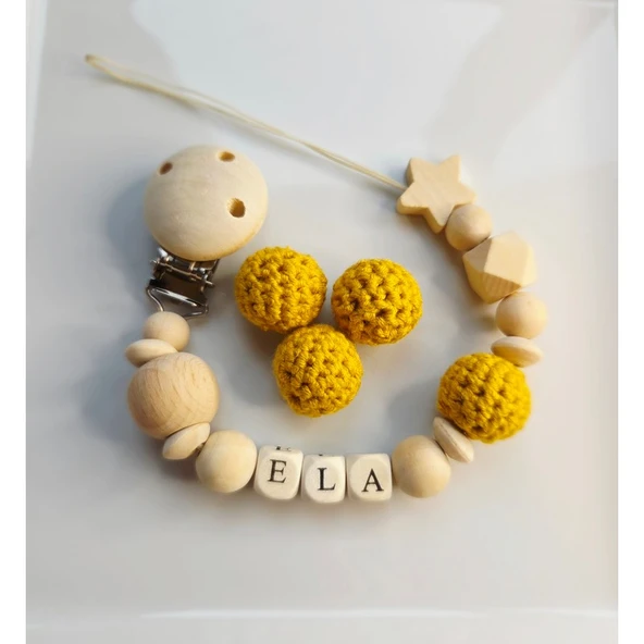 Hellemyst Yıldızlı Hardal Sarısı Isimli Bebek Emzik Zinciri Askısı ürün görseli 1