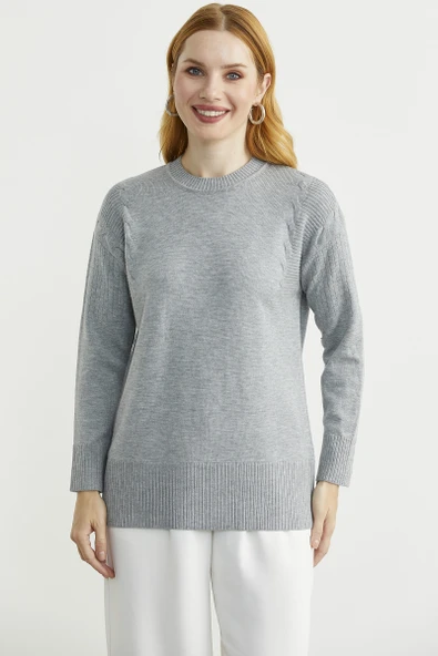 Kol Detaylı Sıfır Yaka Tunik Triko Kazak - Gri ürün görseli 1