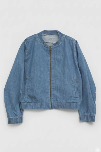 Kadın Açık Mavi Bomber Denim Ceket - Resim 2