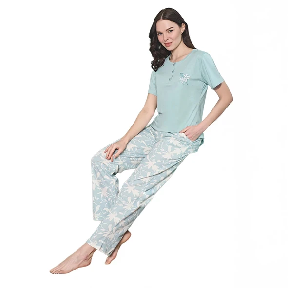 Over Sleep 1859 Kadın Kısa Kol Uzun Alt Yazlık Modal Pijama Takım ürün görseli 1