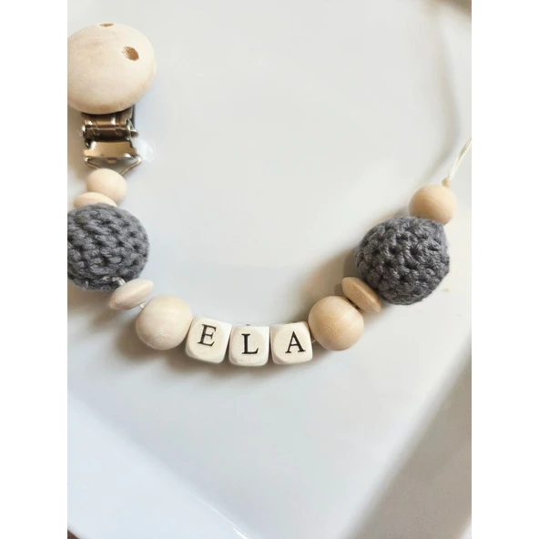 Gri Renk Isimli Bebek Emzik Askısı Doğal Ahşap Boncuk - Resim 2