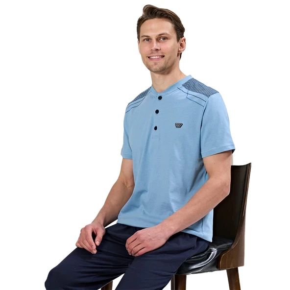 Over Sleep 1734 Erkek Kısa Kol Uzun Alt Yazlık Büyük Beden Pijama Takım ürün görseli