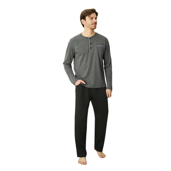 Elitepoint 1555 Erkek Yazlık Büyük Beden Uzun Kol Uzun Alt Pijama Takımı - Resim 3