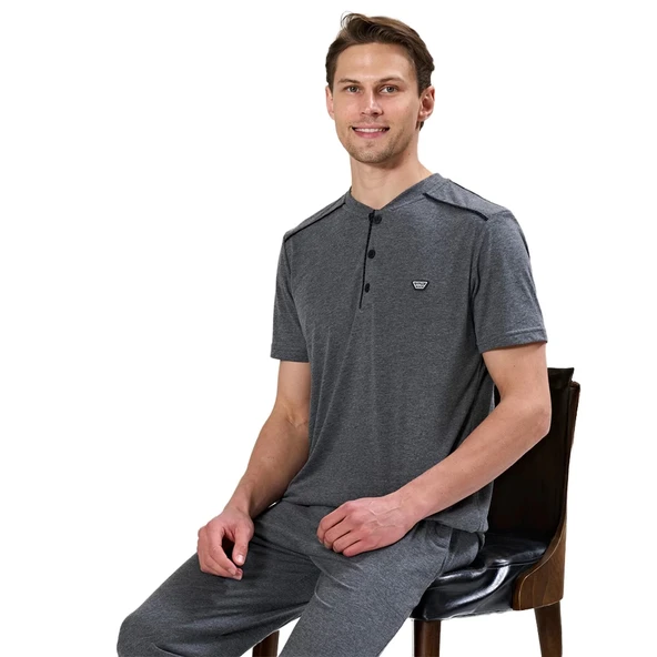 Over Sleep 1736 Erkek Kısa Kol Uzun Alt Yazlık Pijama Takım ürün görseli 1