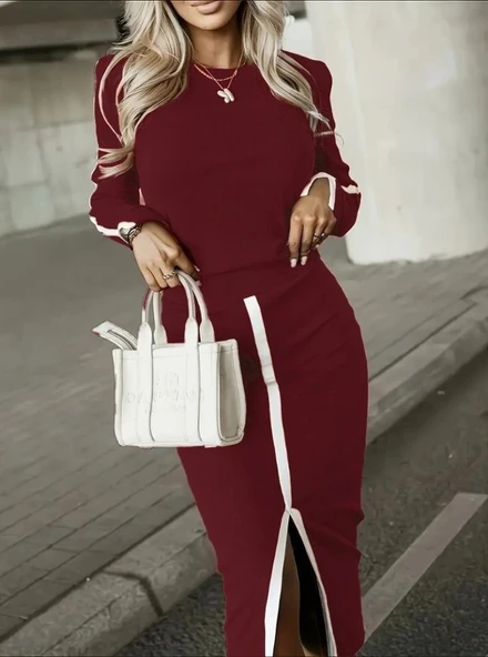 MDB Kadın Uzun Kollu Bisiklet Yaka Kaşkorse Bluz Ve Yırtmaçlı Etek Ikili Takım - Resim 4