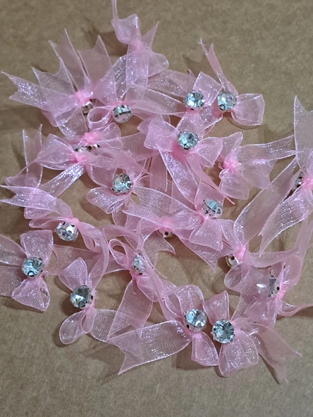 Pratikbox Mini Fiyonk / Gümüş Tek Taşlı / Tül 1cm'lik / Hediyelik / Süsleme / PEMBE Renk / 50 Adet - Resim 2