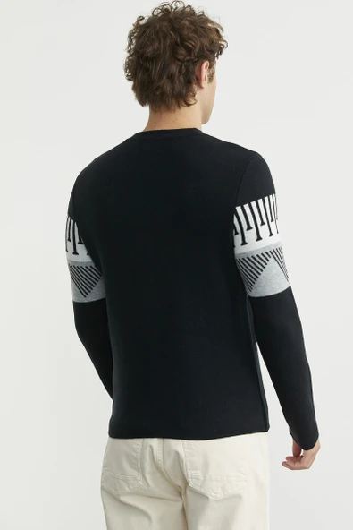 Çift Renk Motifli Triko Kazak - Siyah - Resim 5