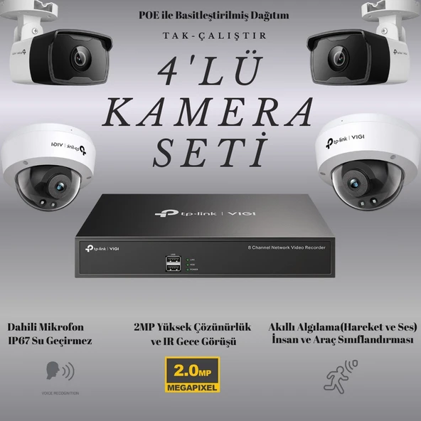 TP-Link VIGI 4'LÜ KAMERA SETİ / PoE C320I 2.8mm - 4mm BULLET KAMERA / PoE C220I 2,8mm - 4mm DOME KAMERA / NVR1008H-8P PoE 8 Kanal NVR Kayıt Cihazı ürün görseli