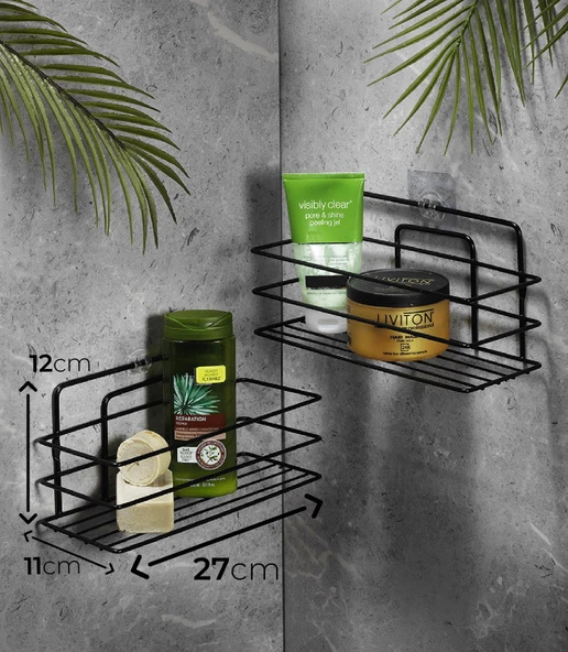 Tekli Siyah Yapışkanlı Banyo Rafı + 2’li Askı Kanca Seti – Paslanmaz Metal Duş Şampuanlık (Yapıştır/Vidala) – TŞ-01 - Resim 6