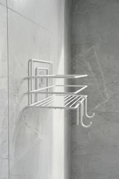 Tekli Beyaz Yapışkanlı Banyo Rafı + 2’li Askı Kanca Seti – Paslanmaz Metal Duş Şampuanlık (Yapıştır/Vidala) – TŞ-01 - Resim 3