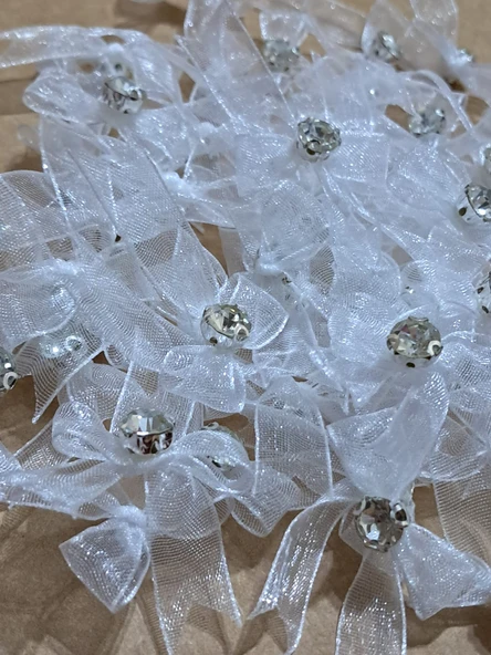 Pratikbox Mini Fiyonk / Gümüş Tek Taşlı / Tül 1cm'lik / Hediyelik / Süsleme / Beyaz Renk / 50 Adet ürün görseli 1