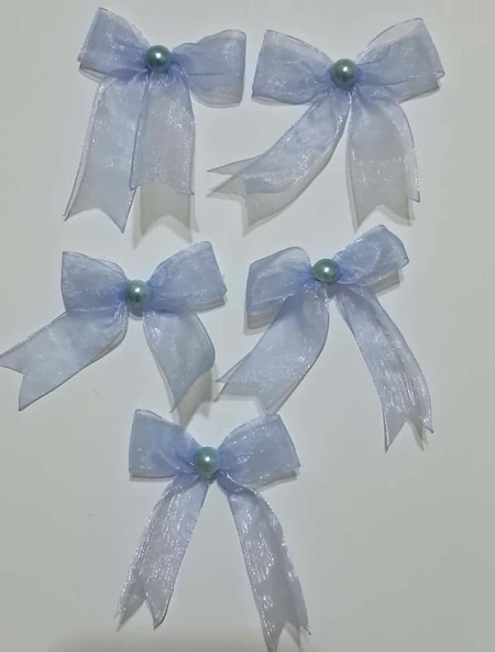 Pratikbox Fiyonk / Tül 2cm'lik / Hediyelik / Süsleme / Mavi Renk/Yarım İnci Boncuklu / 50 Adet - Resim 4